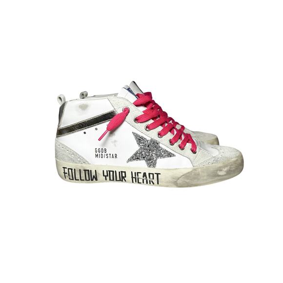 Golden Goose Mid Star White Ice Leather Glitter Wing Tip Sneakers 38 In Box - Picture 1 of 12